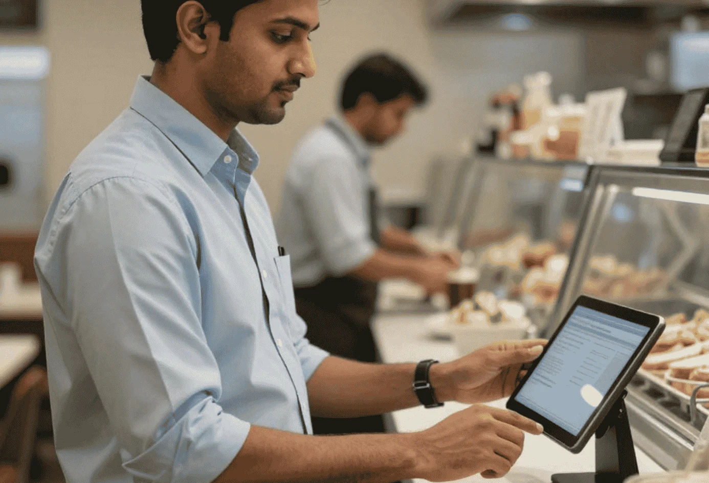 Un restaurateur consulte ses commandes sur une tablette.
