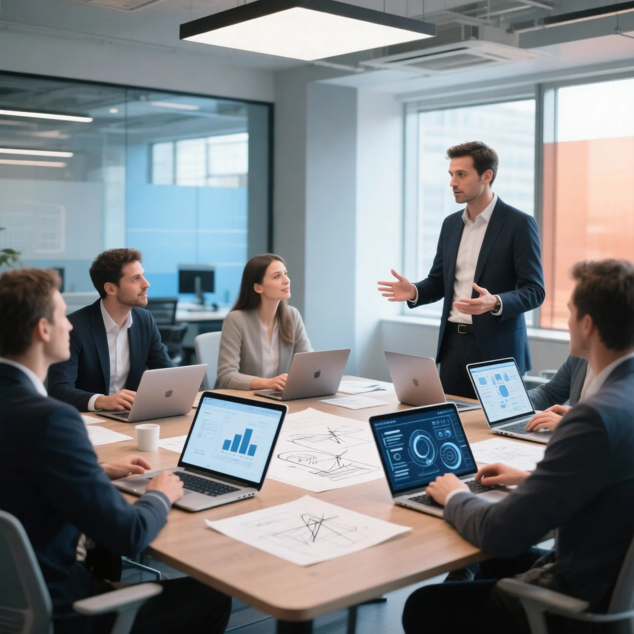 Une équipe échange autour d’une table de travail.