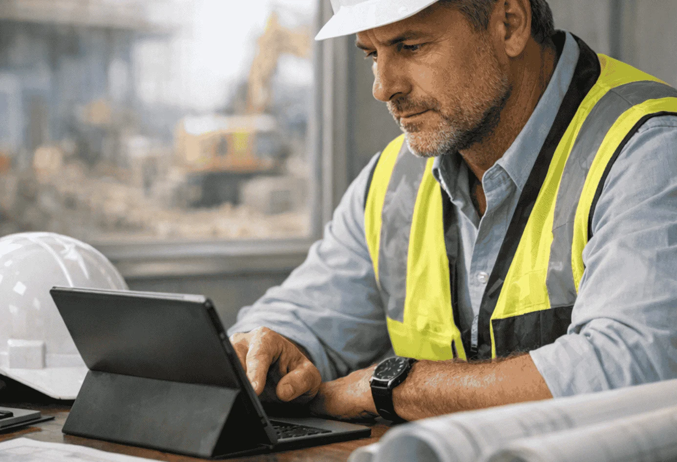 Un responsable consulte une tablette sur un chantier.