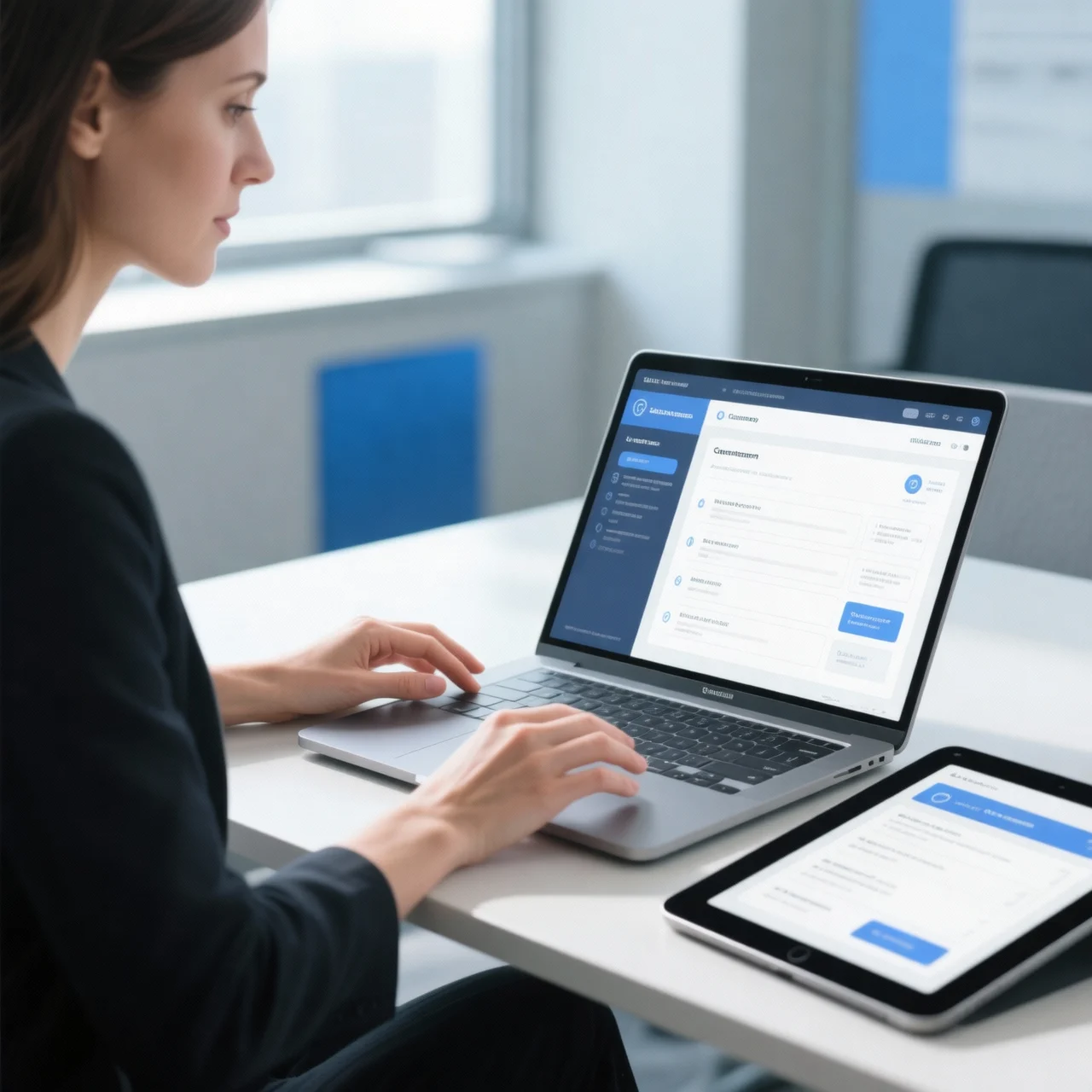 Une professionnelle utilise une application métier sur son ordinateur.